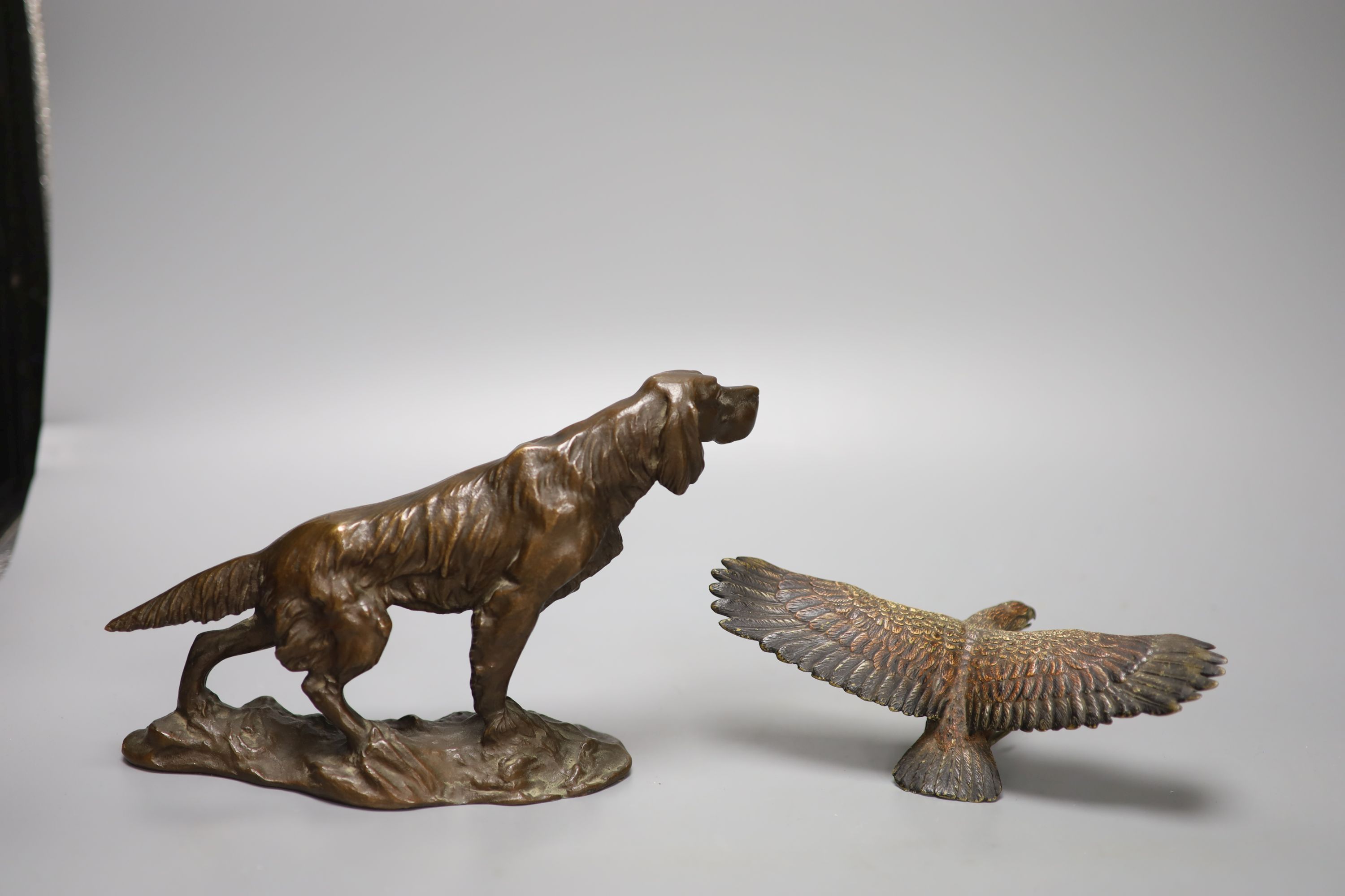 A bronze model of a setter, length 24cm, and a small cold-painted bronze figure of an eagle,